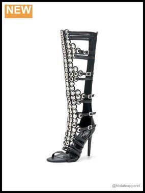 Knee High Stiletto Heel Boots Open Toe Hollow Metal Buckle